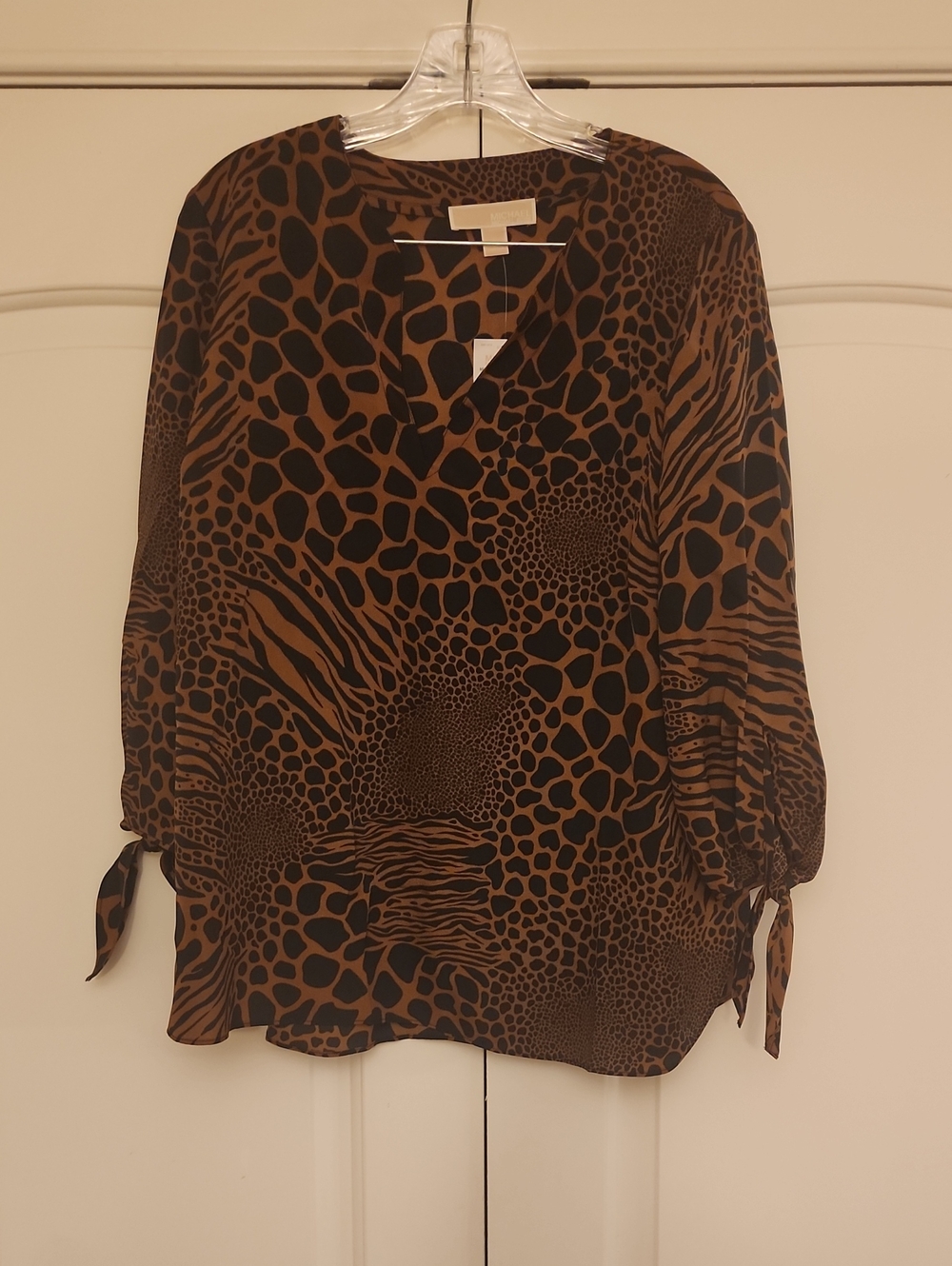 Michael Kors Brown and Black Animal-Print V-Neck Tie-Sleeve Blouse